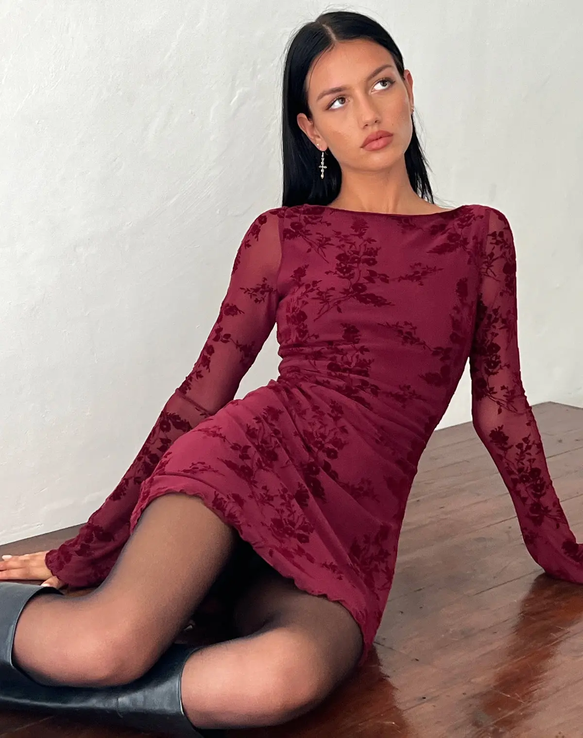 Sevila Long Sleeve Mini Dress In Flocked Botanical Flower Maroon 1