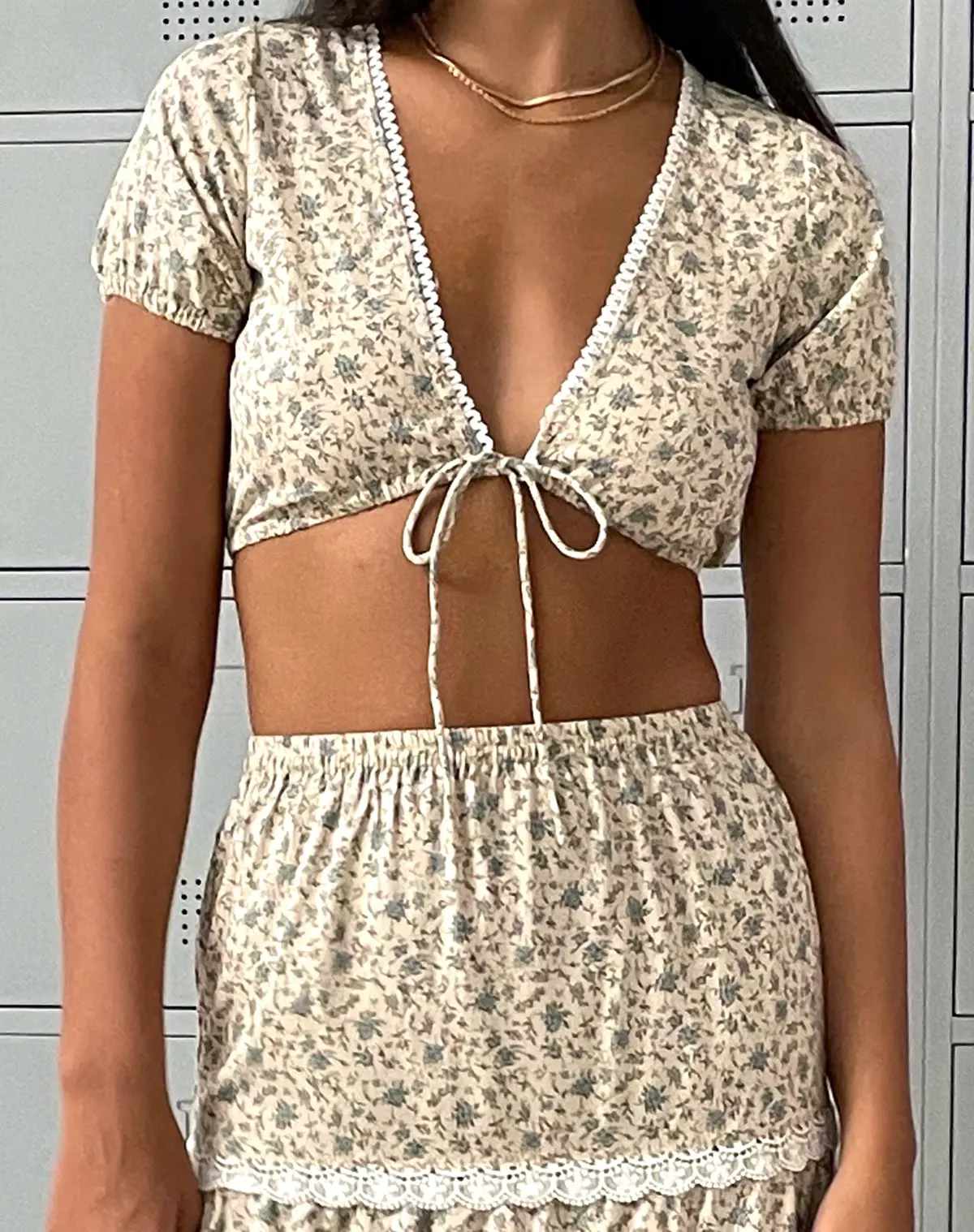 Skise Tie Front Crop Top In Antique Blue And Ivory Floral 1