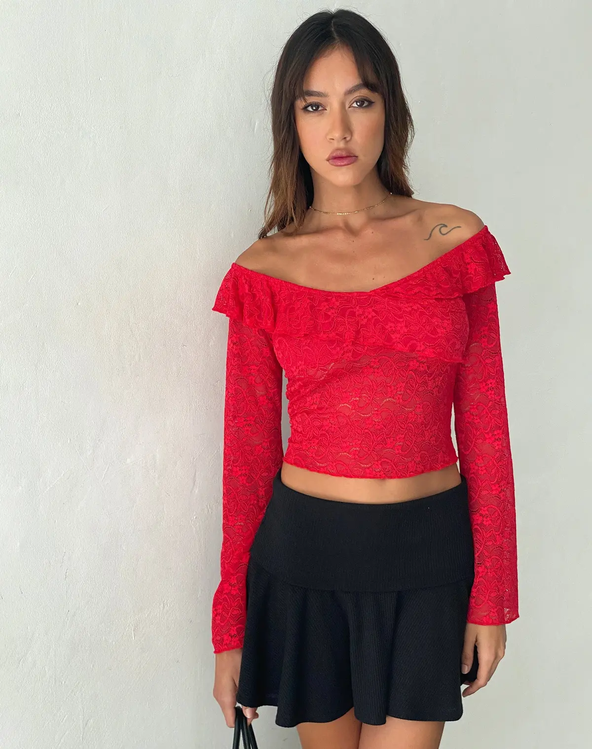 Soka Bardot Frill Top In Red Lace 1