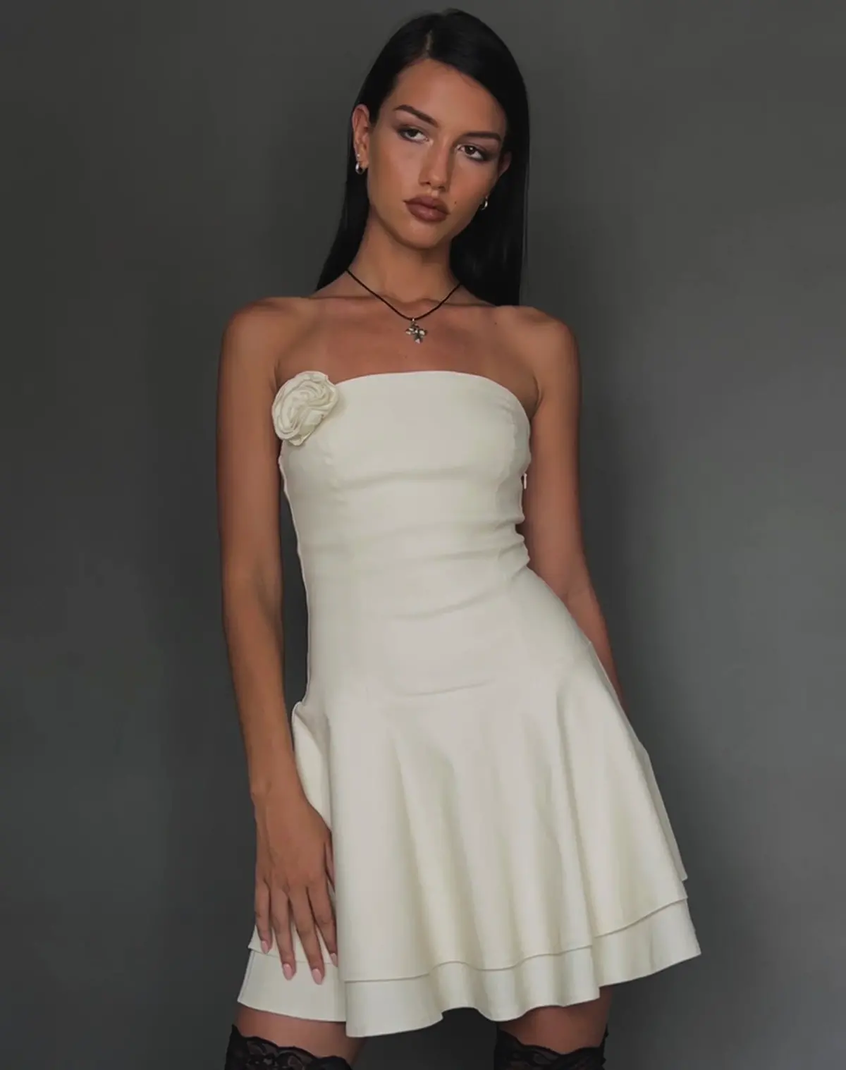 Striata Mini Dress In Cream With Rosette And Lace Back 1