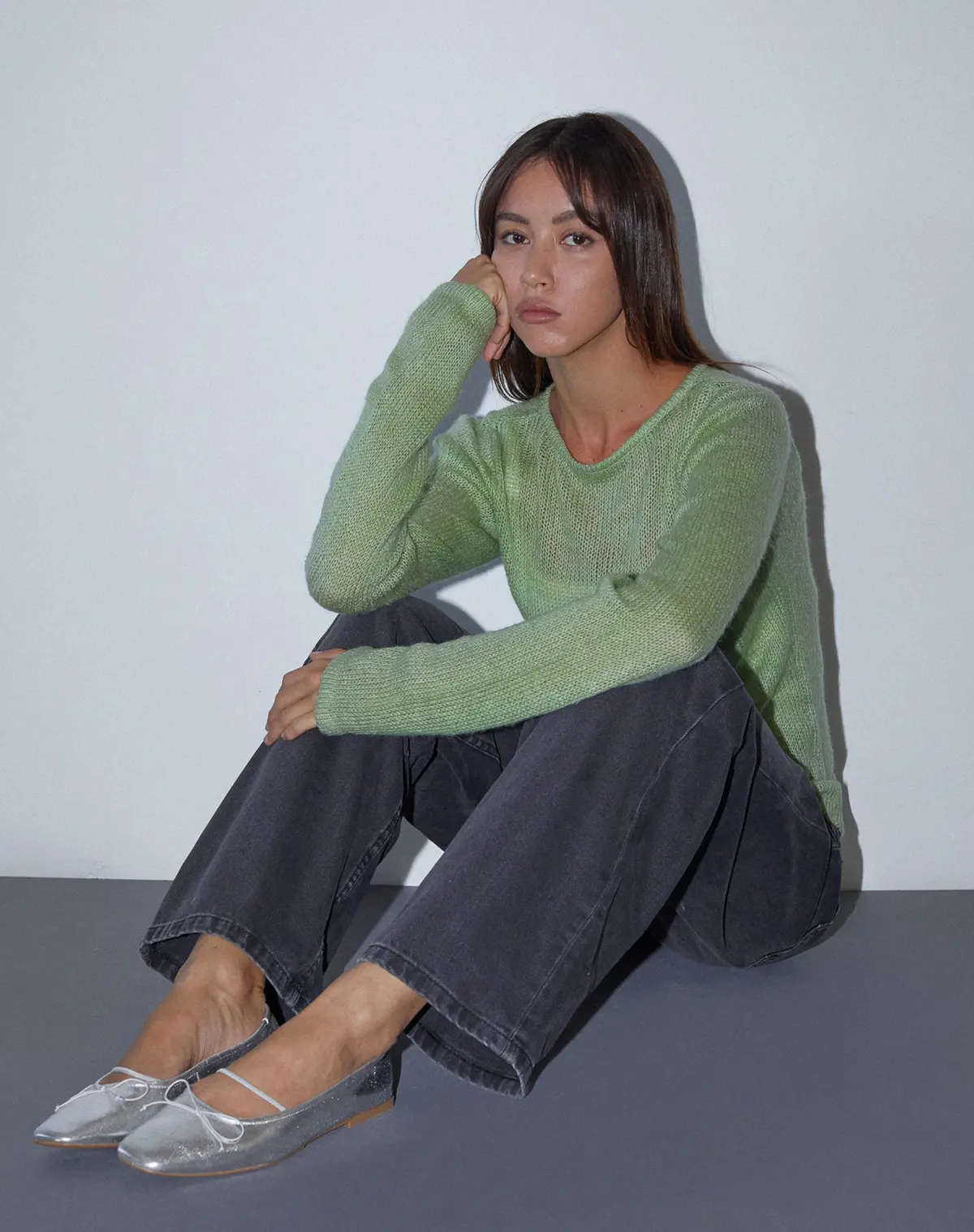 Sukana Long Sleeve Sheer-Knit Top In Light Green 1