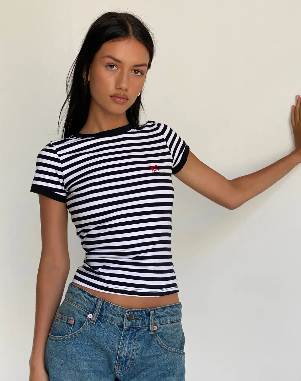 Sutin Tee In Black And White Stripe With M Embro 1