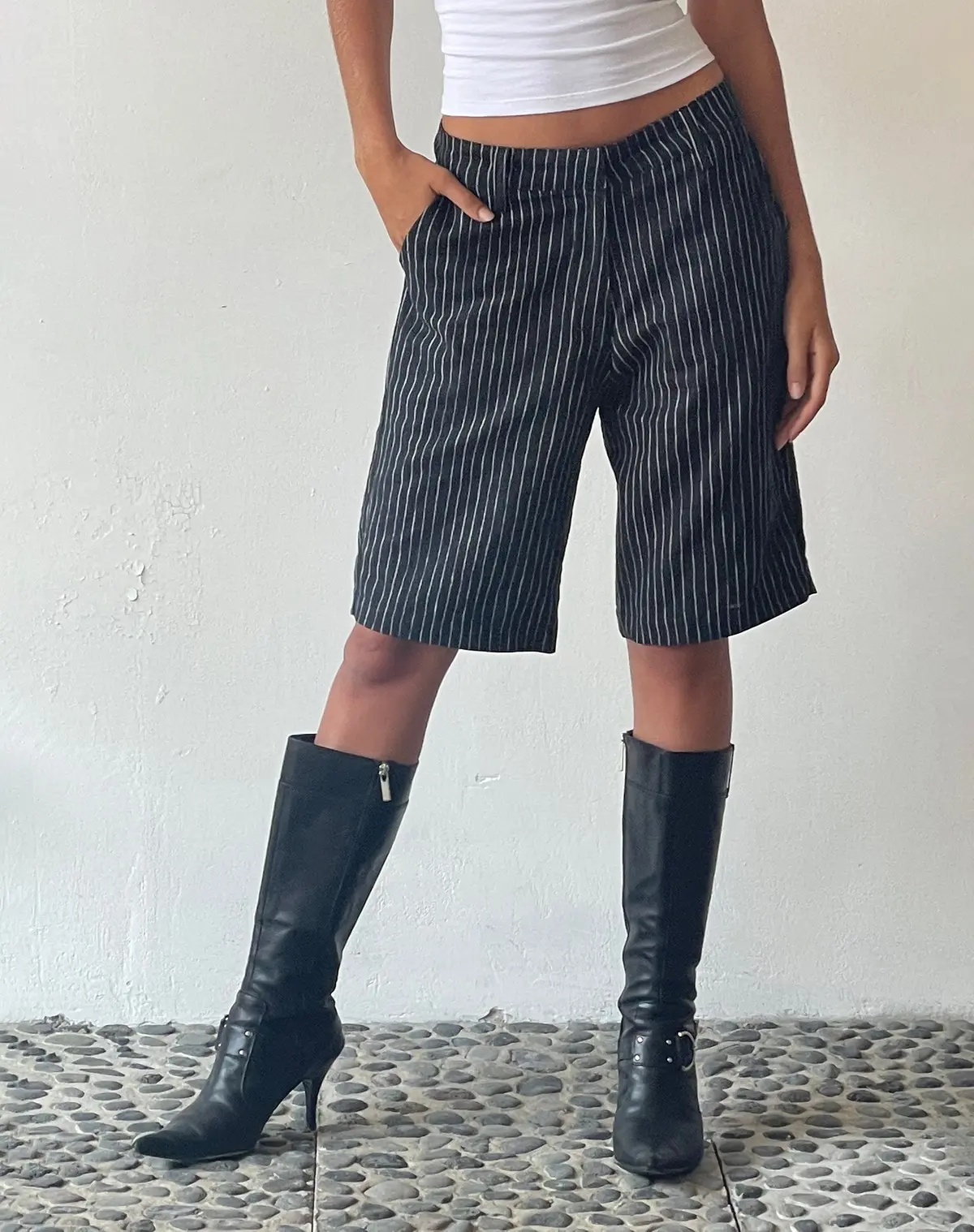 Motel X Jacquie Tabaru Longline Shorts In Sketchy Stripe Black 1