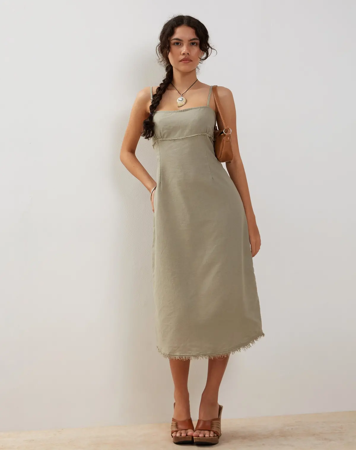 Una Distressed Hem Midi Slip Dress In Slate Green Linen 1