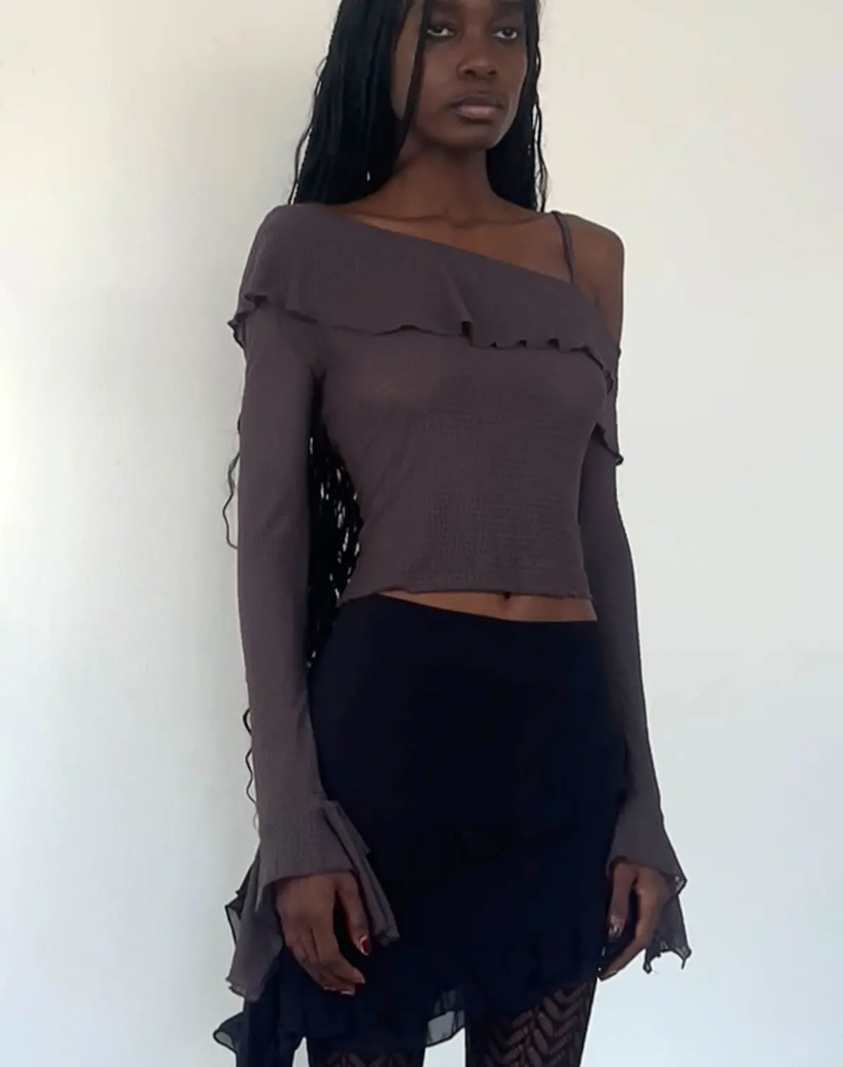 Viserra Asymmetric Long Sleeve Top In Bubble Mesh Brown 1
