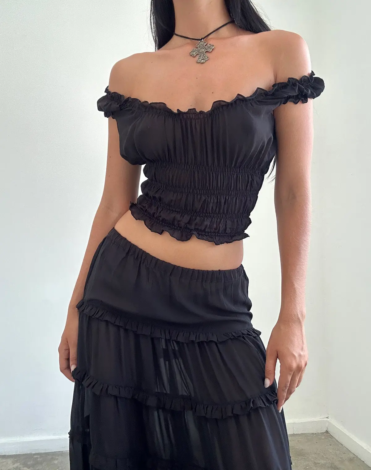 Xavi Shirred Bardot Top In Chiffon Black 1