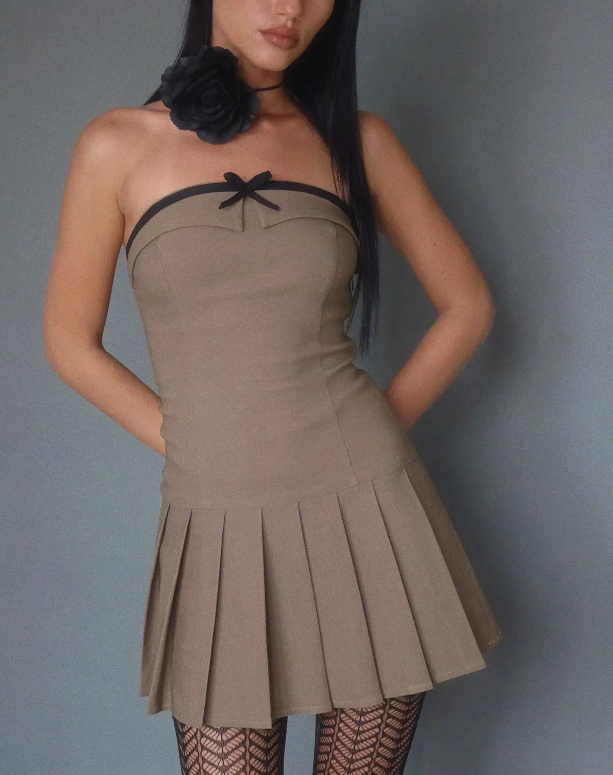 Yalua Bandeau Mini Dress In Coco With Black Bow 1