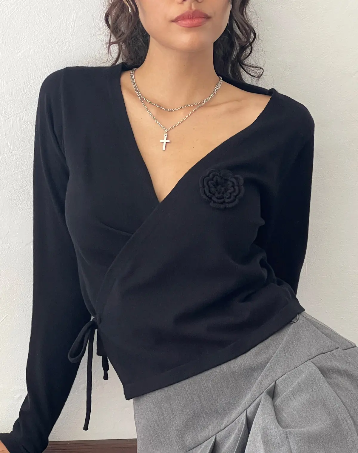 Zelda Knitted Wrap Cardigan In Black With Rosette 1