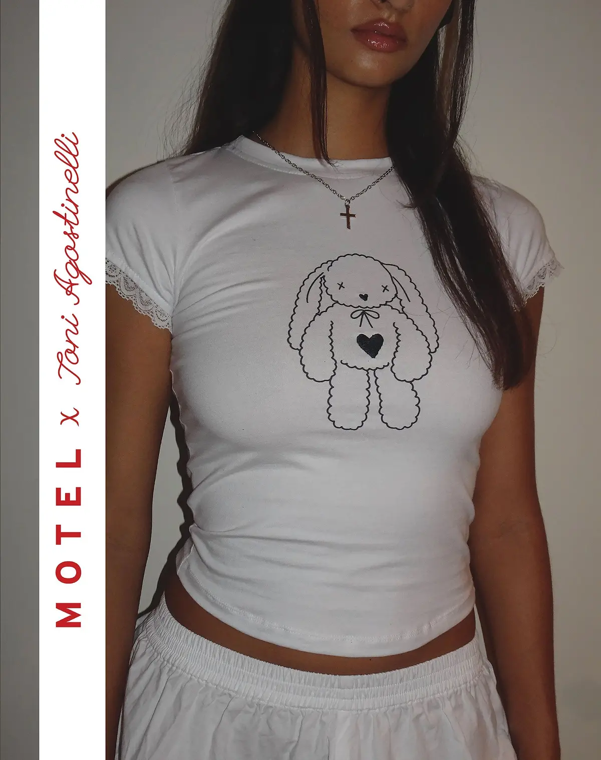 Motel X Toni Agost Tattoo Izzy Tee In White With Heart Bunny Motif 1